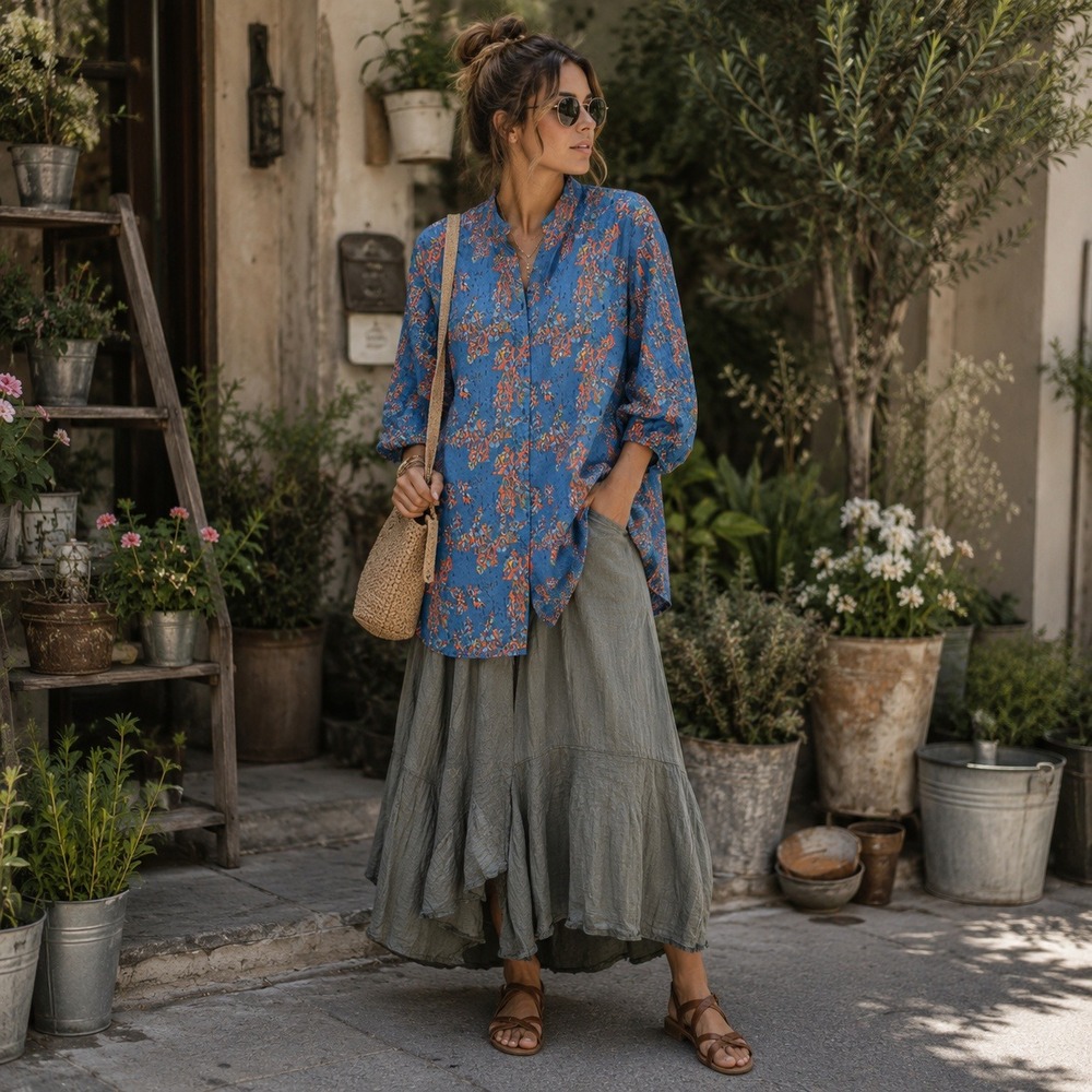 Womens Teal Abstract Watercolor Cotton Smocked Tunic Top M Lagenlook, Artsy